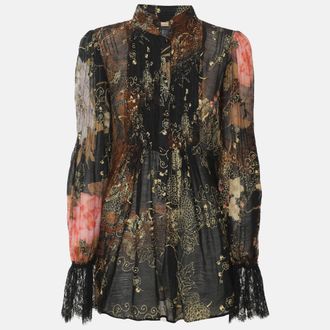 Roberto Cavalli Multicolor Printed Pleated Chiffon Blouse