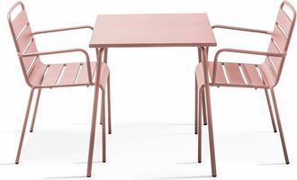 Oviala Conjunto mesa de jard&iacute;n cuadrada y 2 sillas de acero rosa