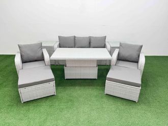 Fimous PE Rattan Garden Furniture Set Reclining Chair Sofa Lounge Sofa Set Adjustable Lifting Dining or Coffee Table 2 Side Table 2 Big Footstool
