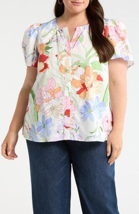 Sugarlips Floral Split Neck Top in White-Multi at Nordstrom, Size 2 X