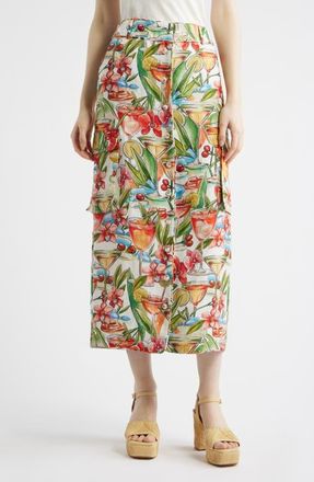 Farm Rio Cocktail Print Linen Midi Skirt in Off-White at Nordstrom, Size Xx-Small