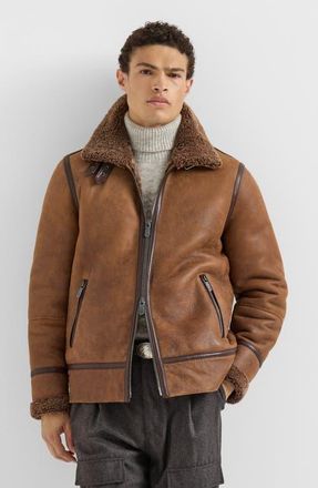 Brunello Cucinelli Vintage-effect shearling aviator jacket in Light Brown at Nordstrom, Size Xxx-Large