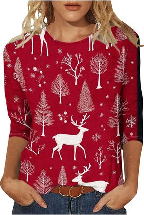 Generic Ugly Christmas T Shirts for Women Light Up Christmas Tree Printed Tops Oversized Pullover 3/4 Sleeve Tunic Tees Novelty Sparkly Xmas Graphic Shirt Nov