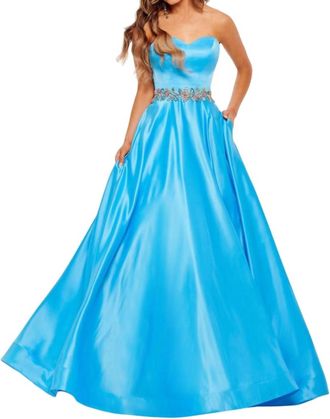 Rachel Allan Strapless Satin Ballgown In Turquoise