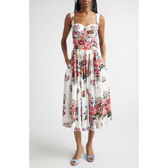 Dolce & Gabbana Floral Bouquet Print Pleated Poplin Fit & Flare Dress in Mazz.fiori F.bianco at Nordstrom, Size 12 Us
