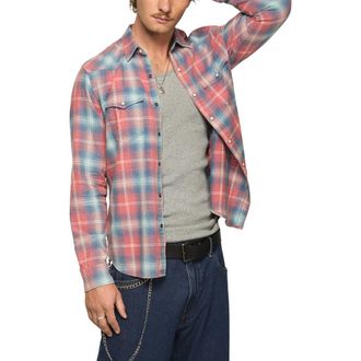 Lucky Brand Plaid Flannel Acid Wash Western Shirt in Rust Multi at Nordstrom, Size Xx-Large