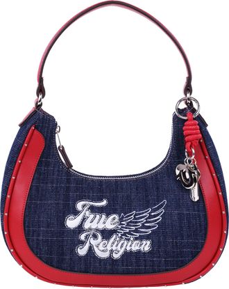 True Religion Wing Motif Denim Hobo Bag with Red Trim