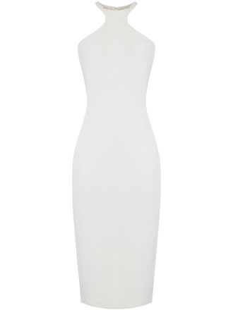 Elisabetta Franchi Form-Fitting White Midi Dress with High Neckline