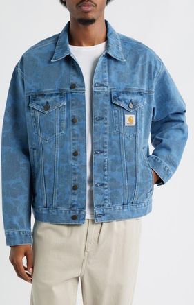 Carhartt Work in Progress Duck Camo Print Organic Cotton Denim Trucker Jacket in Camo Blue Bleached at Nordstrom, Size Xx-Large