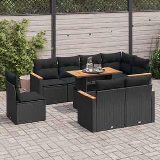 vidaXL Set Sof&aacute;s Jard&iacute;n Y Cojines 9 Pzas Rat&aacute;n Sint&eacute;tico Acacia Negro Vidaxl