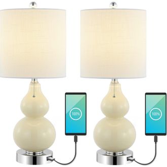Jonathan Y Designs Cora 22 Classic Vintage Glass LED Table Lamp with USB Charging Port in Cream at Nordstrom