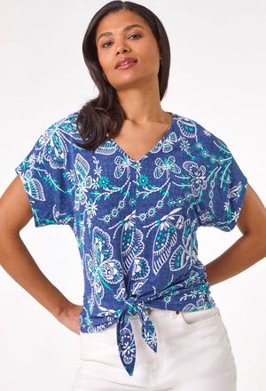 Roman Textured Print Tie Hem Top