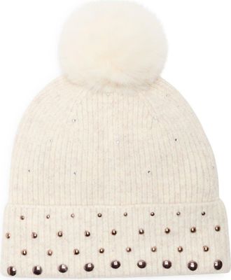 BCBGeneration Studded Faux Fur Pompom Beanie in Oat at Nordstrom Rack