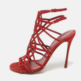Sergio Rossi Red Suede Puzzle Caged Sandals