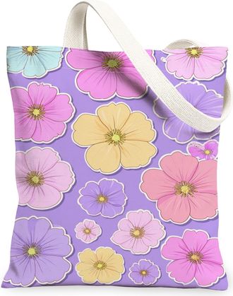 Generic Floral Canvas Tote Bags, Vintage Flower Pattern Reusable Shopping Bags, Lightweight Washable Shoulder Strap Canvas for Gym, Violet, 13x15 Inch