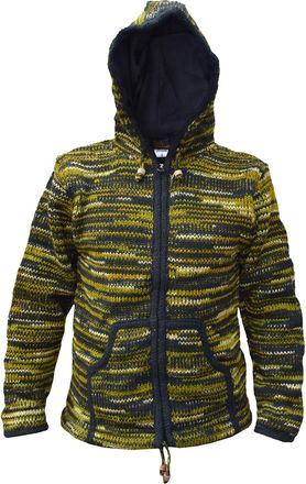 Gheri Mens Tie Dye Woolen Knitted Fleece Lined Festival Hoodie Jacket Green Black Small