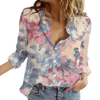 Generic Womens Long Sleeve Shirt Patterned 2024 Blouse Top Womens Shirts Floral Print Button Down Shirt Fashion Lightweight Long Sleeve Blouse Spring Summer C