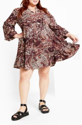 City Chic Mira Long Sleeve Paisley Tiered Dress at Nordstrom, Size Xxs