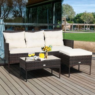 Costway Costway 3 PCS Patio Rattan Conversation Set 3 Seater Garden Corner Sofa Set W/ Coffee Table in White