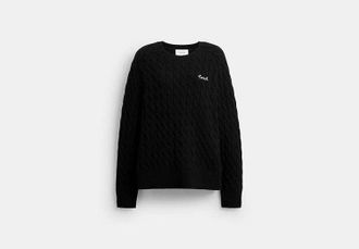 Coach Womens Crewneck Cable Knit Sweater in Black, Size X-Small | Leather