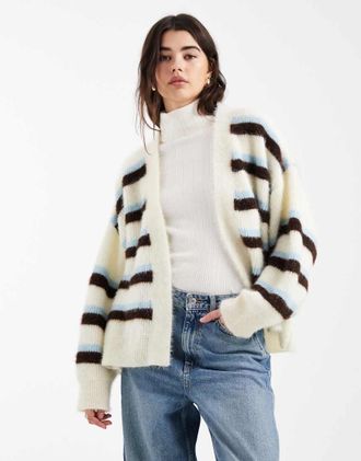 Miss Selfridge Cardigan fil-a-fil soffice a righe-Bianco