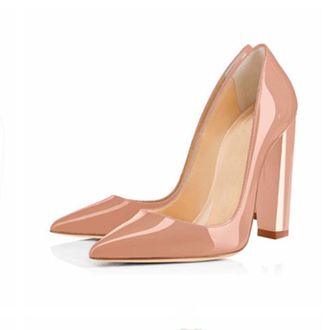 Generic Women Slip-On Chunky Pumps, Fashion Pointed Toe Dress Block Court Shoes, Comfort Closed Toe Leather Party Work High Heels Shoes,Nude,2.5 UK