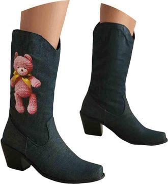 Generic Womens Cowboy Boots Cute Bear Embroidered Mid Calf Pull on Boots Square Toe Chunky Heel Womens Western Cowgirl Boot Blue