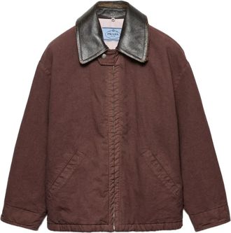 Prada triangle-logo jacket - women - Cotton/Goat Skin - 38 - Brown