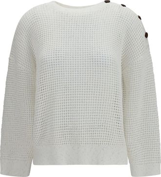 Brunello Cucinelli Womens Openwork Sweater With Shoulder Buttons White Cotton