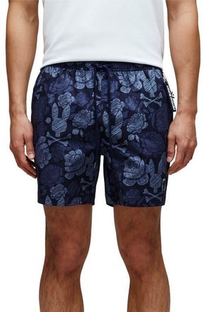 Psycho Bunny Rowen Print Swim Trunks in Evening Blue at Nordstrom, Size X-Large