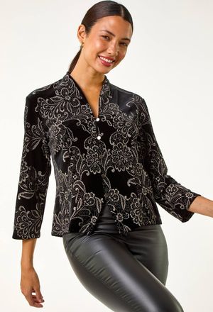 Roman Velvet Metallic Print V-Neck Stretch Blouse