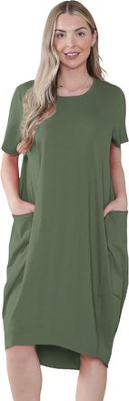 Janisramone Womens Short Sleeve Italian Lagenlook Midi Dress with Pockets, Plain Round Neck Baggy Lagenlook Tops, Trendy Loose Summer Dresses for Women UK Khaki