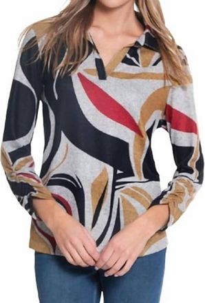 Multiples V-Neck Collar Top In Gray Multicolor