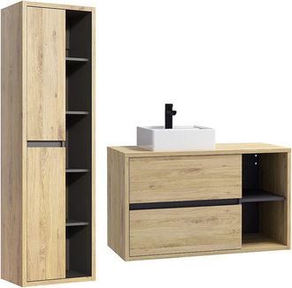 Vente-Unique Mueble de ba&ntilde;o suspendido con lavabo cuadrado y columna - 100 cm - Color natural - PURNAL