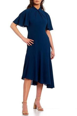 Maggy London Twist Mock Neck Flutter Sleeve Midi Dress In Dark Denim
