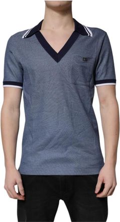 Dolce & Gabbana Blauwe Zijdeblend V-hals Polo T-shirt - Heren - Polos - Blauw - M - Katoen - Tops