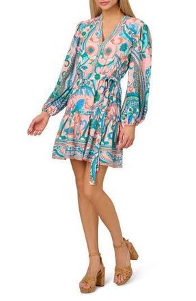 Adrianna Papell Print Tie Waist Long Sleeve Dress in Peach Multi at Nordstrom Rack, Size 2