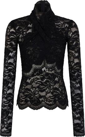 Paco Rabanne Black High-Neck Lace Long-Sleeved Top