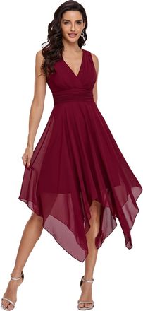 Ever-pretty Womens Double V Neck Empire Waist Midi Asymmetrial Hem Short Wedding Guest Dresses Burgundy 14UK