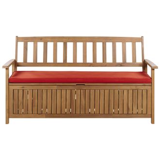 Beliani Beliani - Banco De Jard&iacute;n Con Almacenaje De Madera Maciza De Acacia R&uacute;stico 120 Cm Con Coj&iacute;n Rojo Sovana