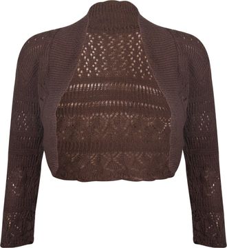 Purple Hanger New Ladies Long Sleeve Crochet Bolero Shrug Top Womens Plain Cropped Knitted Open Cardigan Tops Dark Brown Size 12 - 14