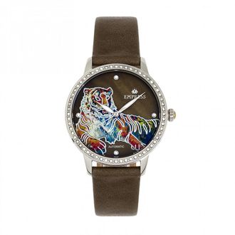 Empress Womens Diana Automatic Engraved MOP Leather-Band Watch - Green Stainless Steel - One Size