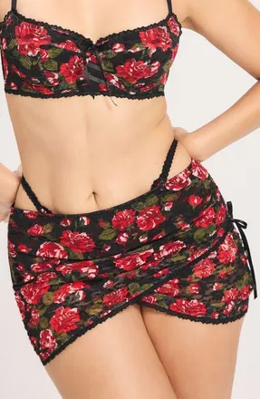 Savage x Fenty Sinful Rose Lace Miniskirt in Black Caviar Rosy Passions at Nordstrom, Size Small
