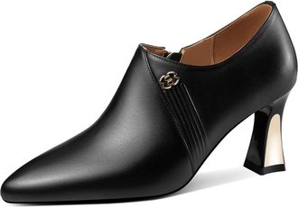 TinaCus Womens Pointed Toe Genuine Leather Handmade Spool Heels Zip Up Pumps Shoes, Black, 8.5 UK