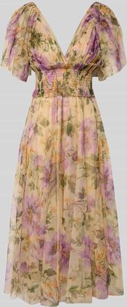 Lace & Beads Cocktailkleid mit Smok-Details und V-Ausschnitt in Hellgelb, Gr&ouml;&szlig;e XXS