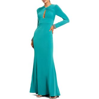 Mac Duggal Jersey Long Sleeve Twist Neck Evening Gown in Teal at Nordstrom, Size X-Small