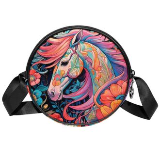 Generic Circle Crossbody Bag for Women, Color Drawing Horse Small Sling Bag Daypack with Zipper Adjustable Shoulder Straps Casual Ladies Girls Round Purse