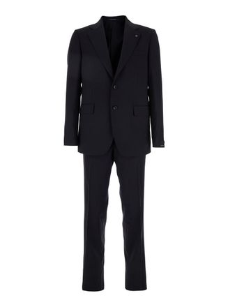 Tagliatore Blue Single-Breasted Suit With Notched Revers And Brooch Detail On The Front In Wool Man