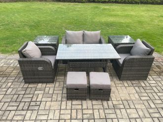 Fimous Rattan Outdoor Garden Furniture Set Rectangular Dining Table & Chair Sofa Set With 2 Side Tables in Dark Grey