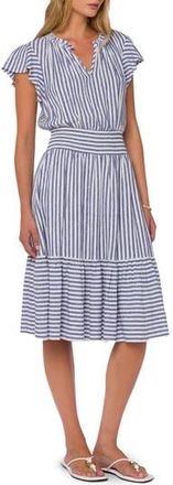Velvet Heart Stripe V-Neck Ruffle Hem Midi Dress in Ink Blue Stripe at Nordstrom Rack, Size Medium
